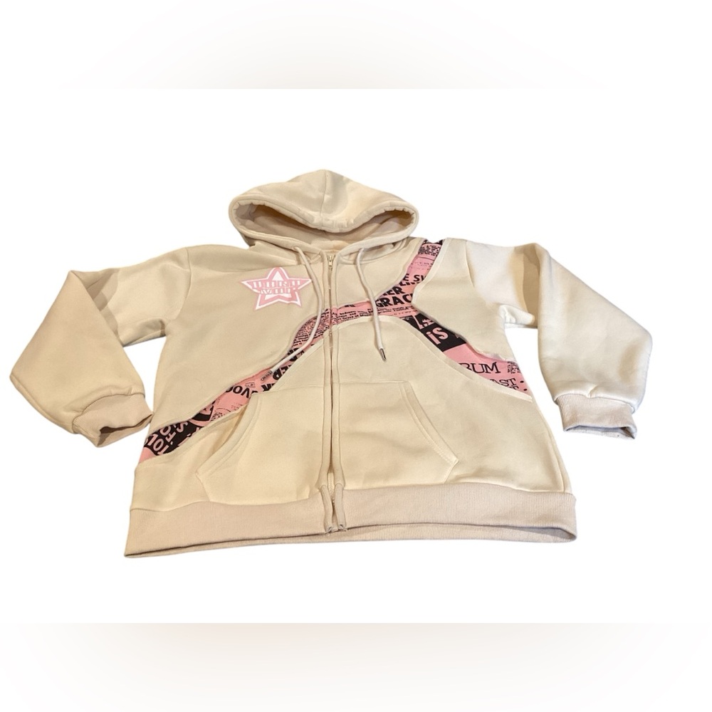 Kelabia Coquette Oversized Y2K Hoodie Beige Pink Patchwork Zip Up Medium